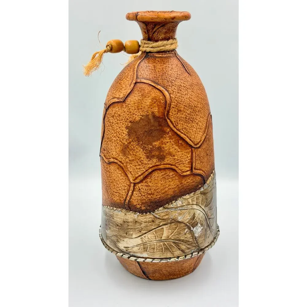 Folk-art Mexican Hand-tooled Leather and Tin Wrapped Bud Vase Southwestern Decor